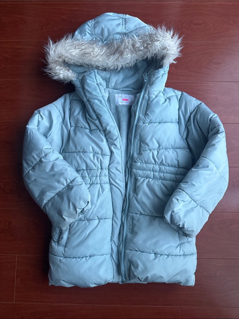 The Children's Place Pale Blue Puffer Jacket with Faux Fur Hood